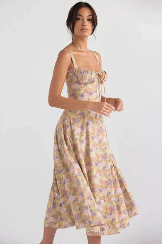 Floral Bustier Midriff Waist Shaper Dress, Women Floral Print Bustier  Sundress, Slit Long Corset Dress Strap Sundress (C,M)
